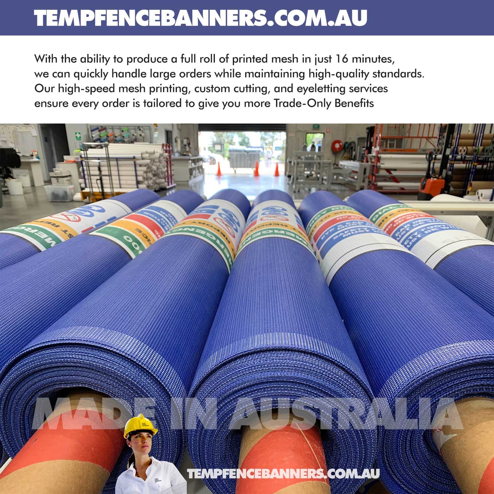 Wow! With the ability to produce a full roll of printed mesh in just 16 minutes, we can quickly handle large orders while maintaining high-quality standards. Our high-speed mesh printing, custom cutting, and eyeletting services ensure every order is tailored to give you more Trade-Only Benefits.
