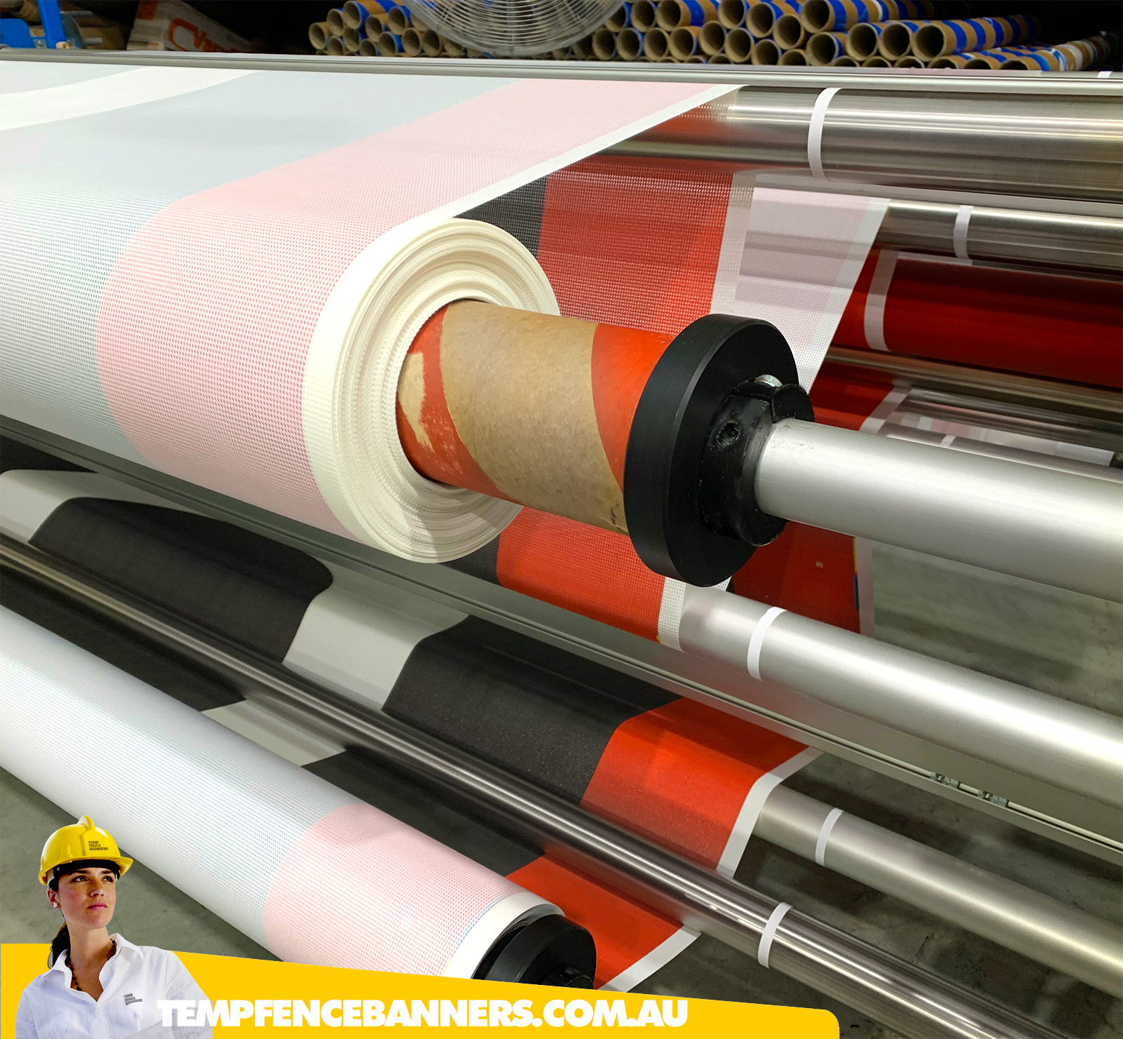 Mesh printing equipment used for perimeter site wrap printed mesh and fence brand wrap, scaffold wrap and building construction signage for temporary fence screens and hire panels.